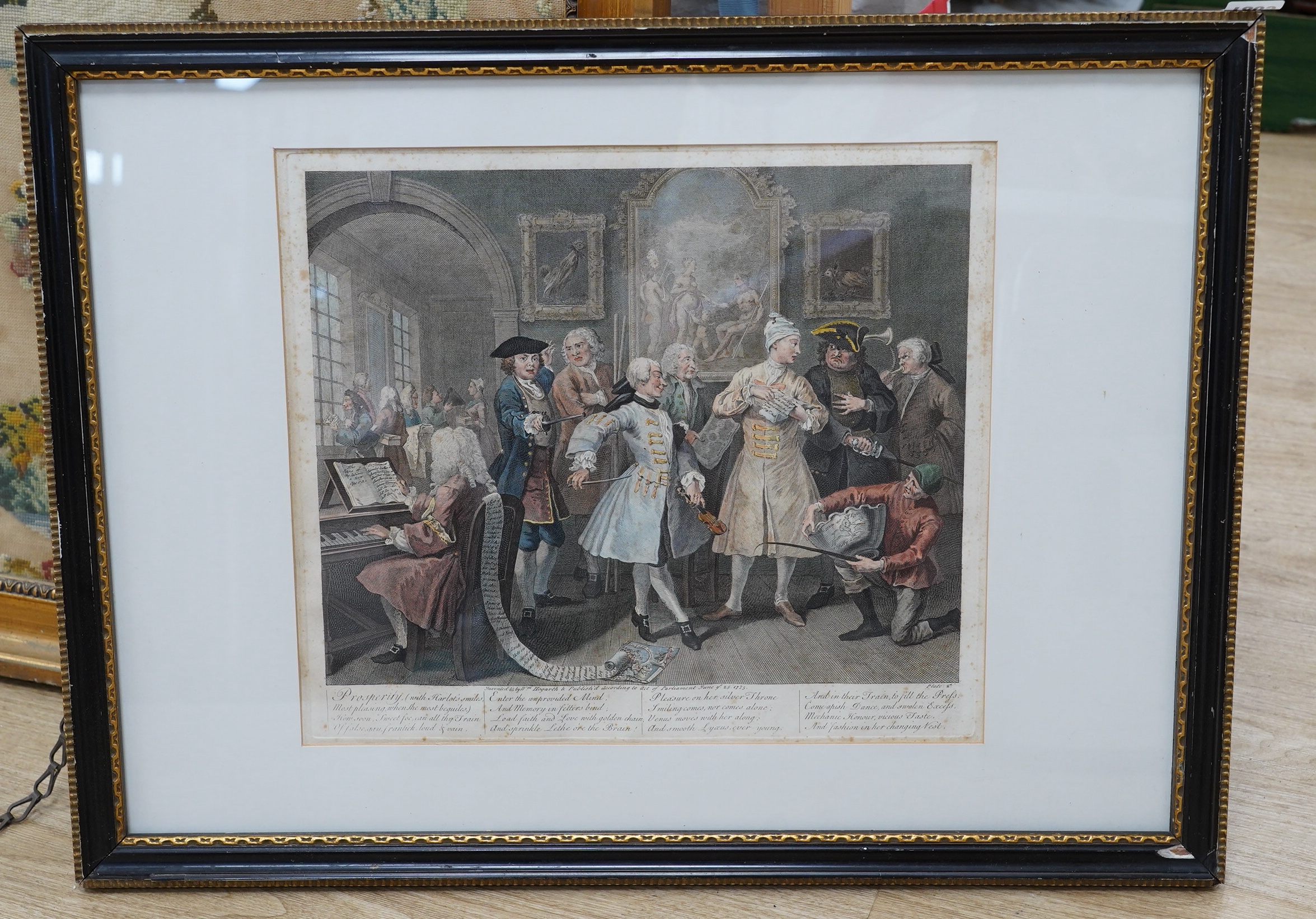 After William Hogarth (1697-1764), Eight satirical hand coloured engravings, ‘The Rakes Progress’, published June 25th 1735, largest 36 x 41cm. Condition - poor, fair, foxing throughout